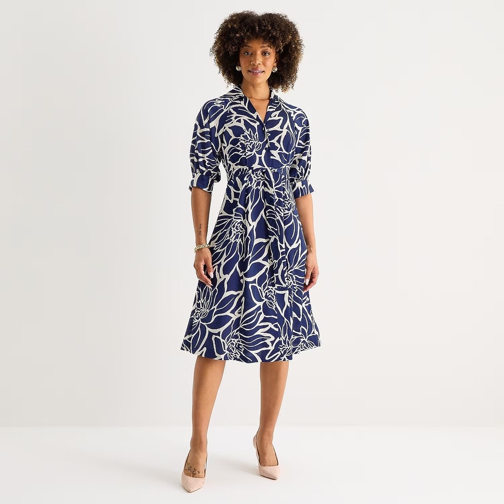 MSRP $79 52seven Womens M Navy Ivory Abstract Midi Dress V Neck 3/4 Sleeve